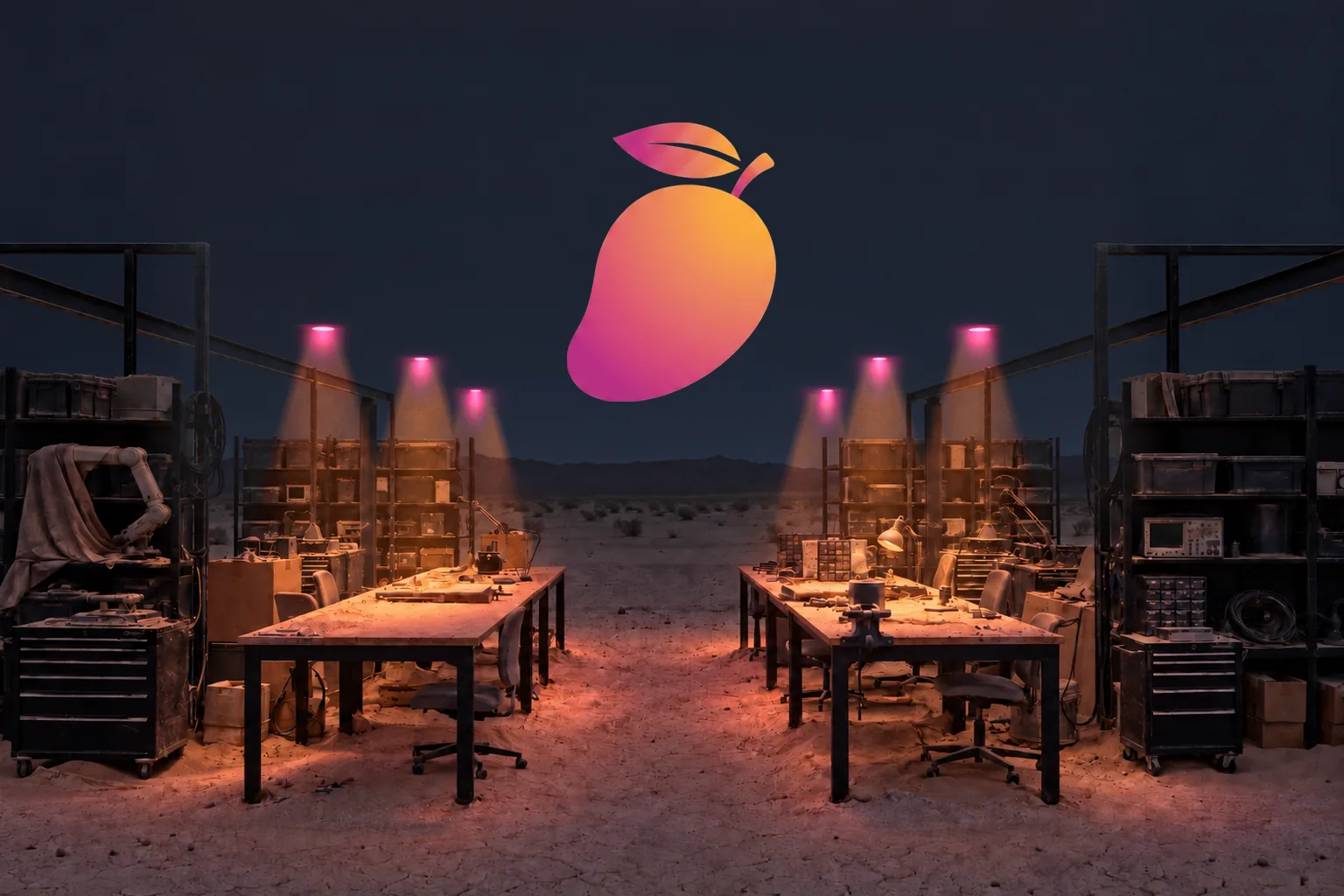 The same open-air lab at night. A cone of magenta and orange light falls on each bench from a portal in the sky, with the mango above.